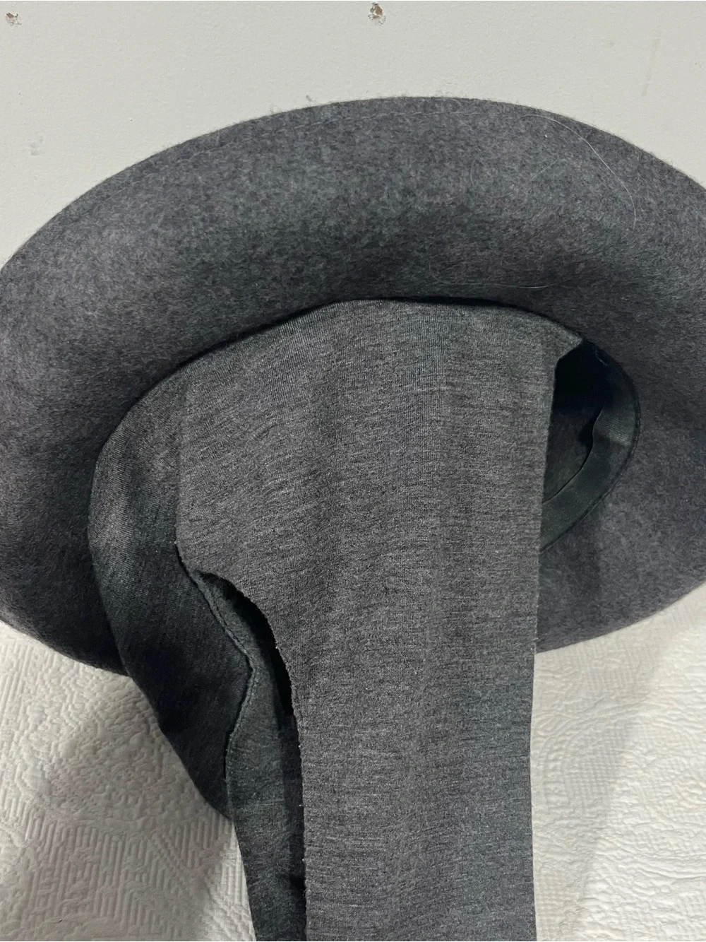 Women's Charcoal Gray Wool Bowler Scarf Hat with Ties